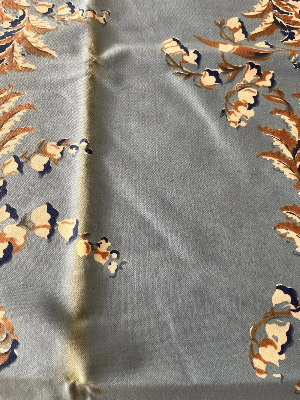 Vintage Blue and Cream Floral Border Tablecloth, approx 59”x79”